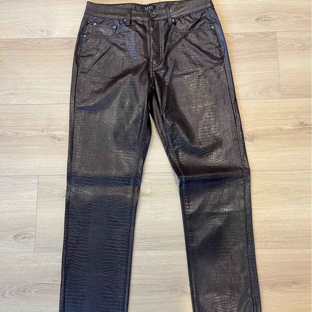 Men's Brown Textured PU Pants